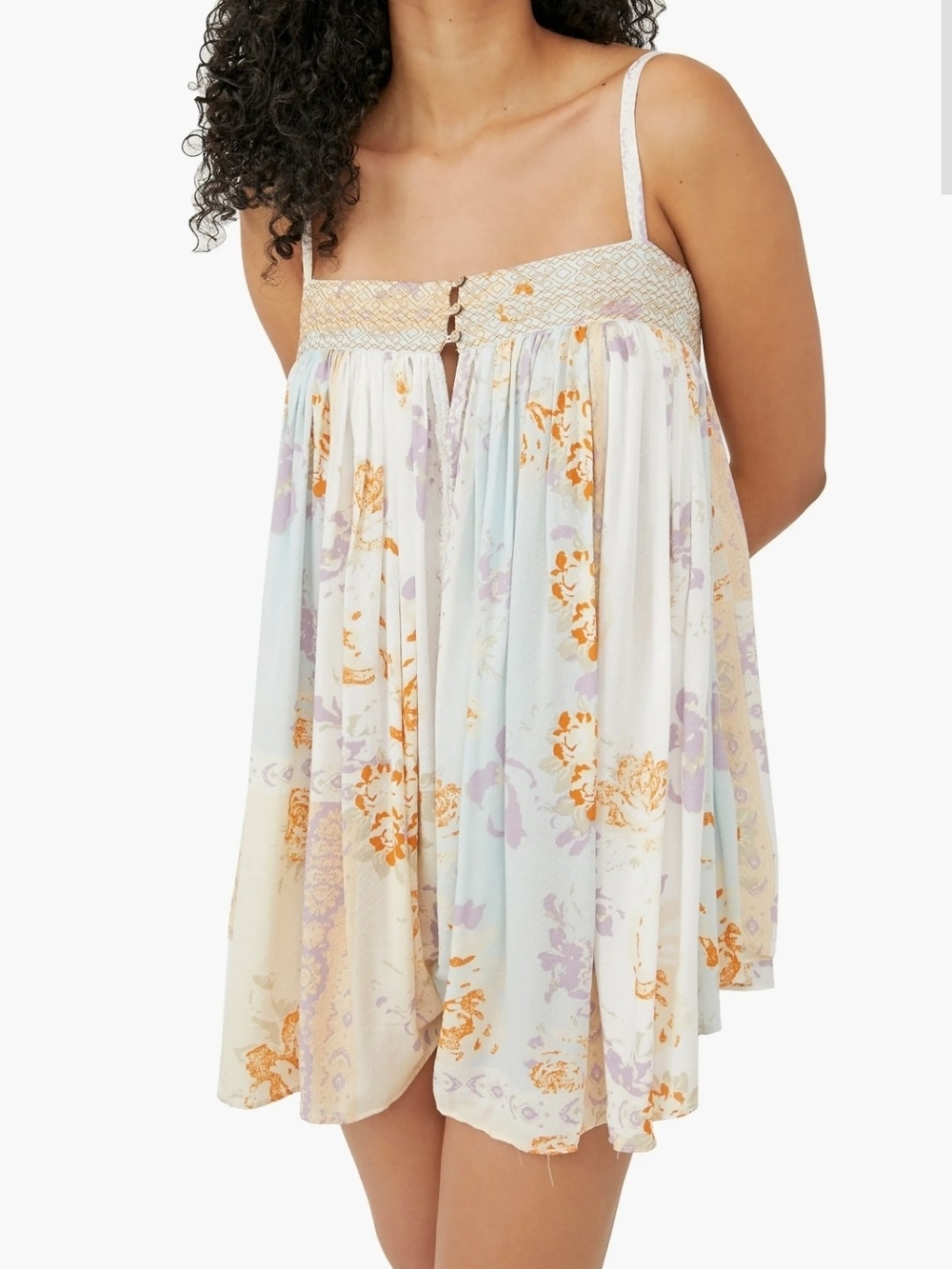 Free People Pastel Floral Smocked Babydoll Romper - White/Multi